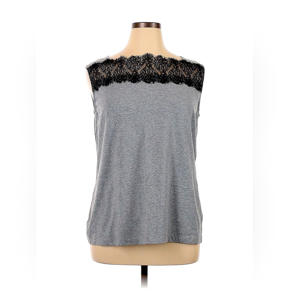 Cabi sleeveless Touch of Lace tank top.  Light gray with black lace. EUC